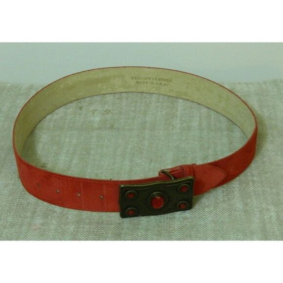 Vintage 80s Belt Red Suede Leather Metal Stones Buckle Western Belt M/L‎  37\